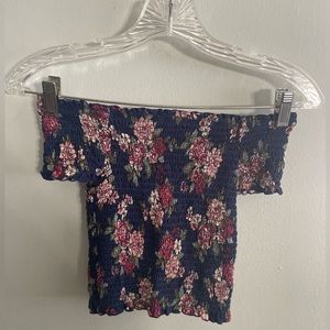 Navy blue floral off the shoulder scrunch shirt